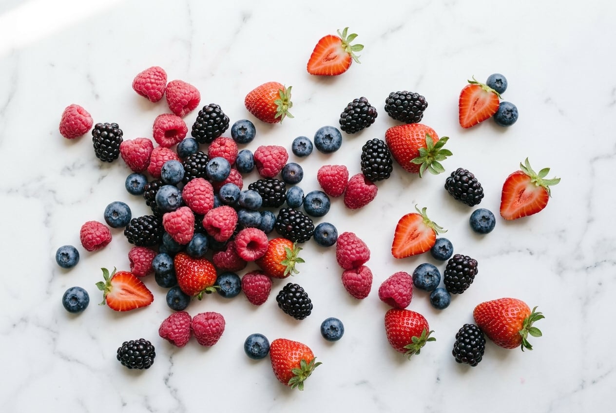 Overhead flat-lay of fresh raspberries, blueberries, blackberries and strawberries